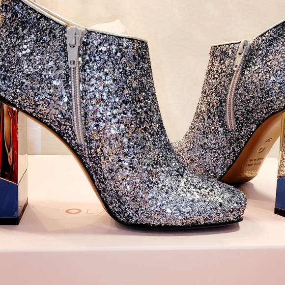L'Autre Chose Sequin Glitter Ankle Boots, Mirror Chrome Two Toned Stacked  Heels - Picture 4 of 17